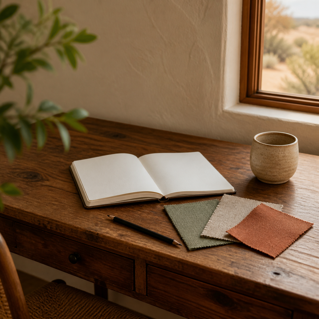 An open notebook, fabric samples, and a pencil on a wooden desk in warm window light