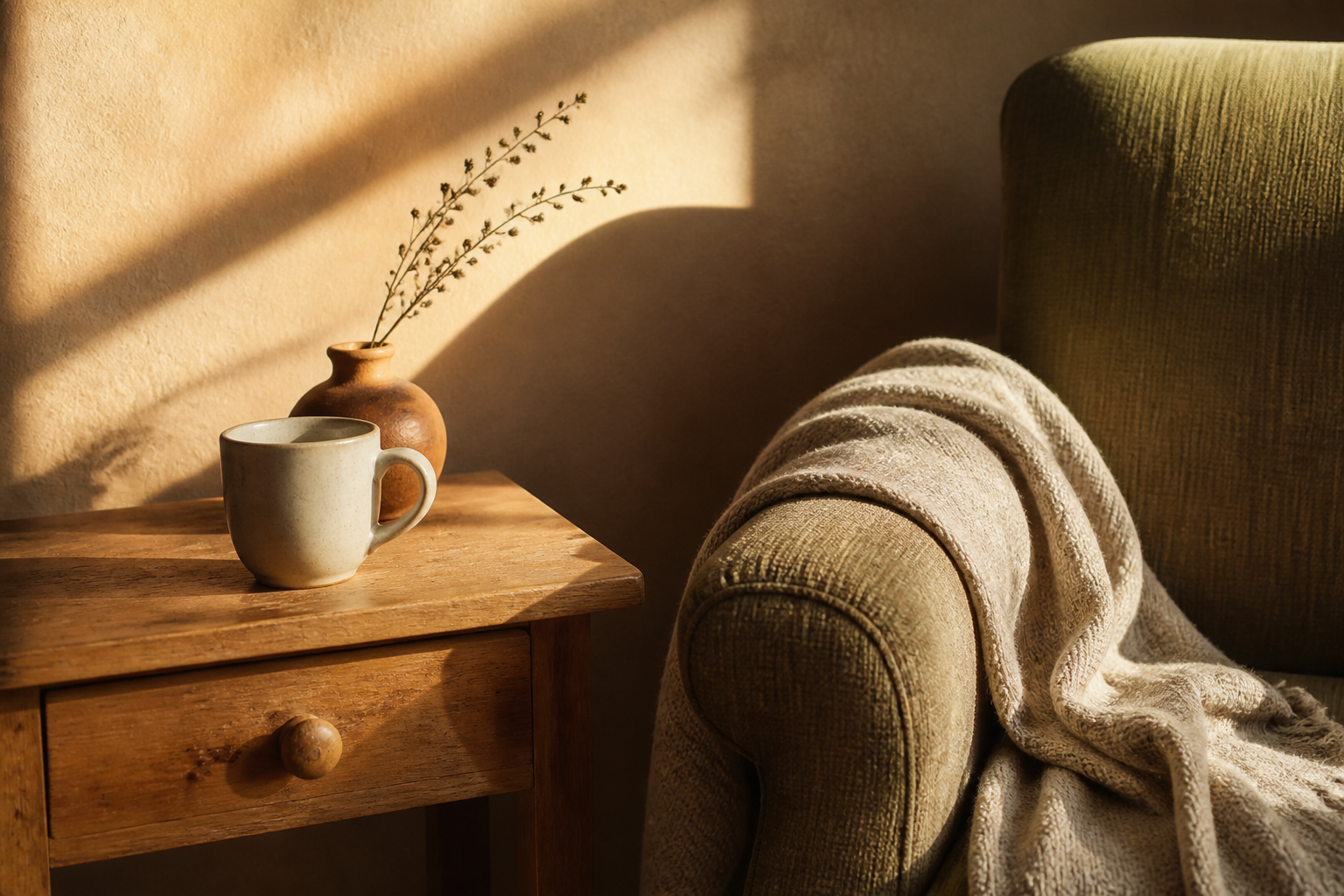 A ceramic mug and a small clay vase on a wooden table beside a soft reading chair