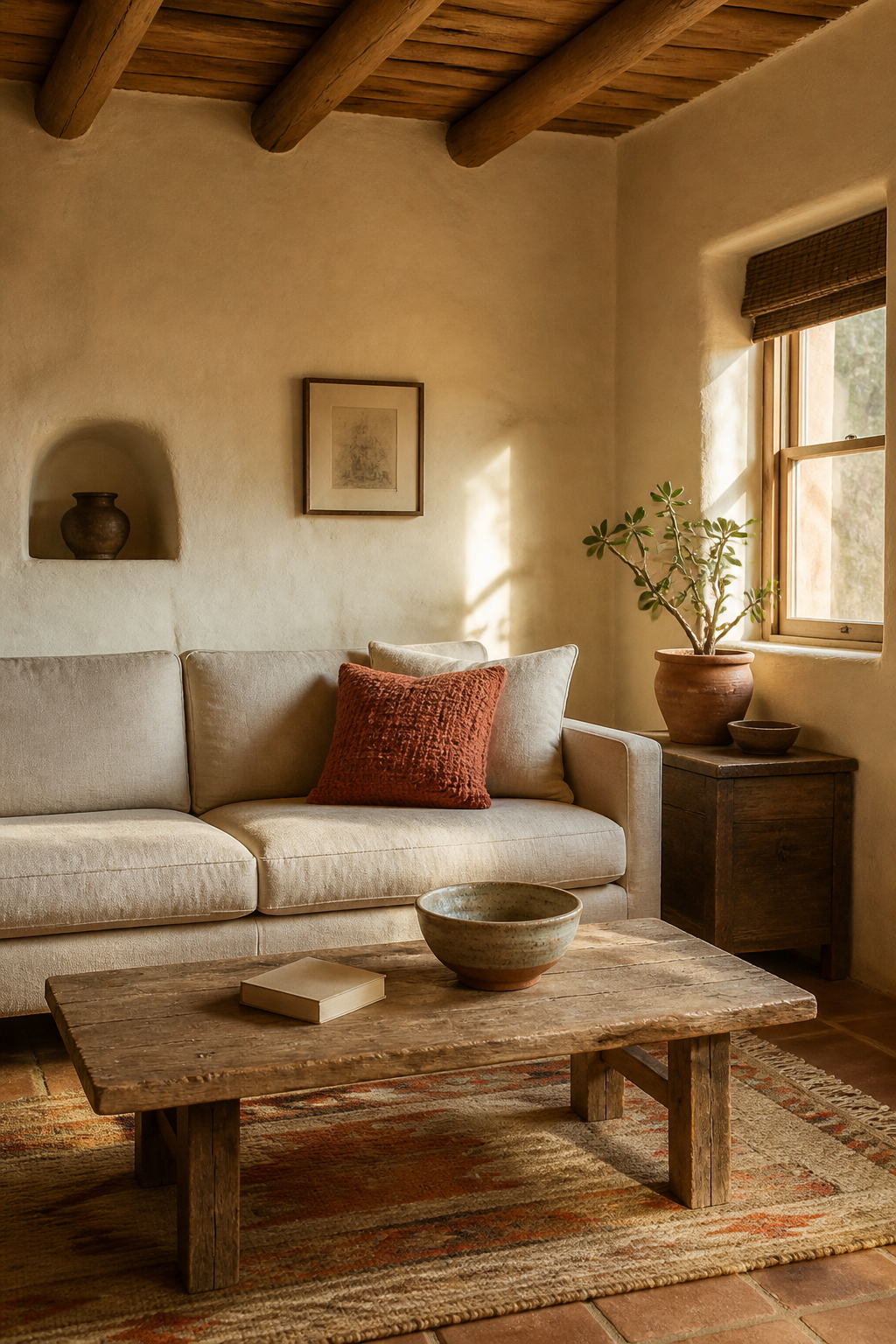 Sunlit Southwest living room with a linen sofa, wooden furniture, and warm adobe walls